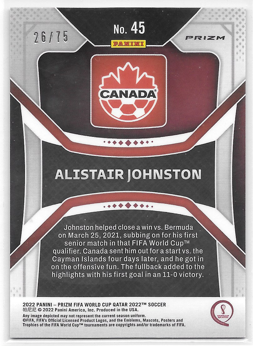 Alistair Johnston (Canada) Blue Mojo /75 RC Panini Prizm FIFA World Cup Qatar 2022