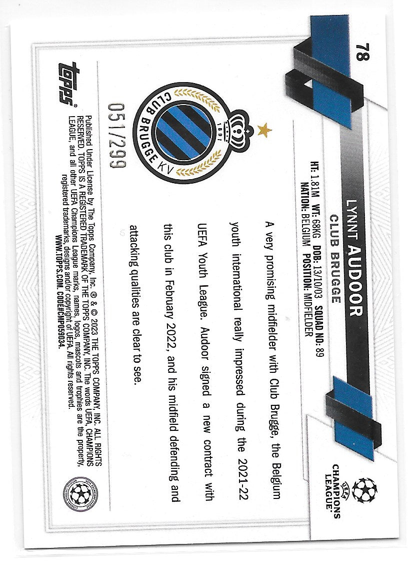 Lynnt Audoor (Club Brugge) Yellow Foil /299 RC Topps UCC Flagship 22-23