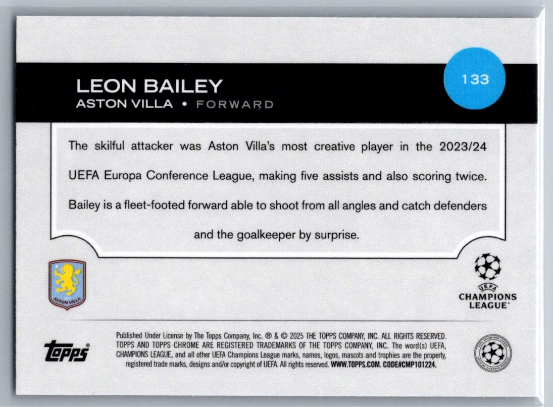 Leon Bailey (Aston Villa) Magenta Shimmer Topps Chrome UCC 24-25