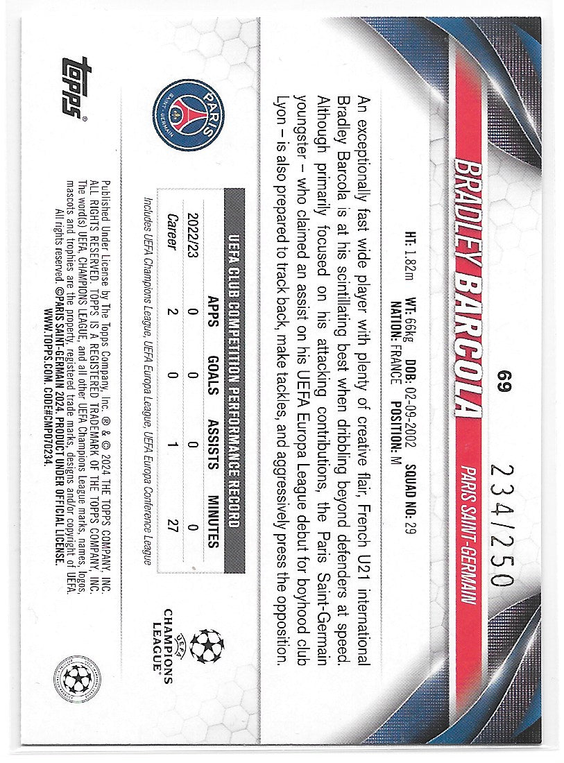 Bradley Barcola (PSG) Navy Blue /250 RC Topps UCC Flagship 23-24