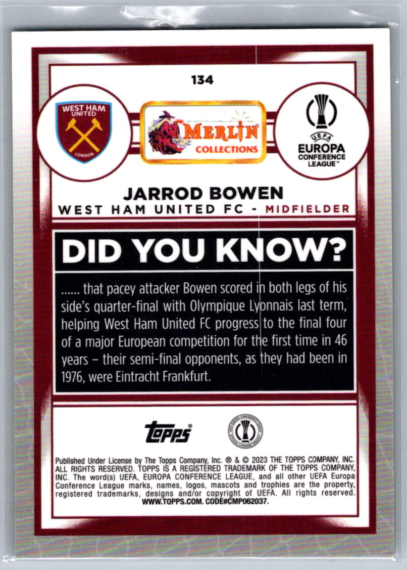 Jarrod Bowen (West Ham United) Green Refractor /99 Topps Merlin Chrome UCC 22-23