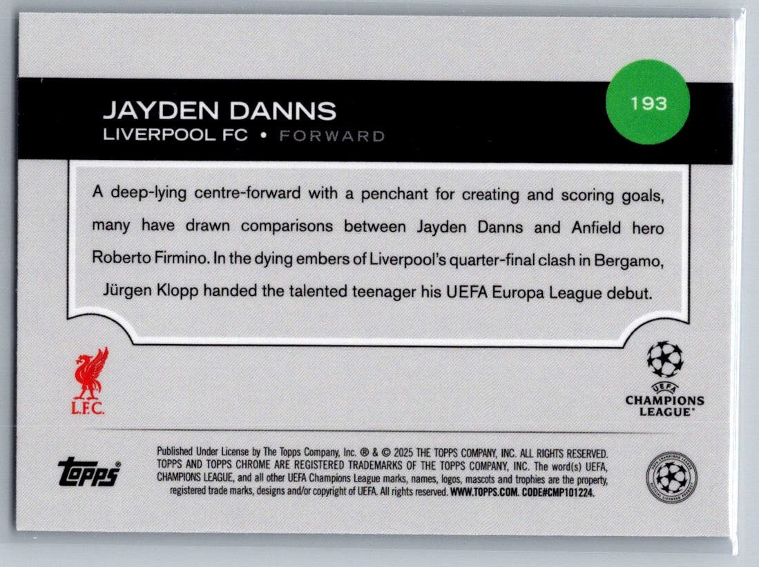 Jayden Danns (Liverpool FC) Wave Refractor RC Topps Chrome UCC 24-25