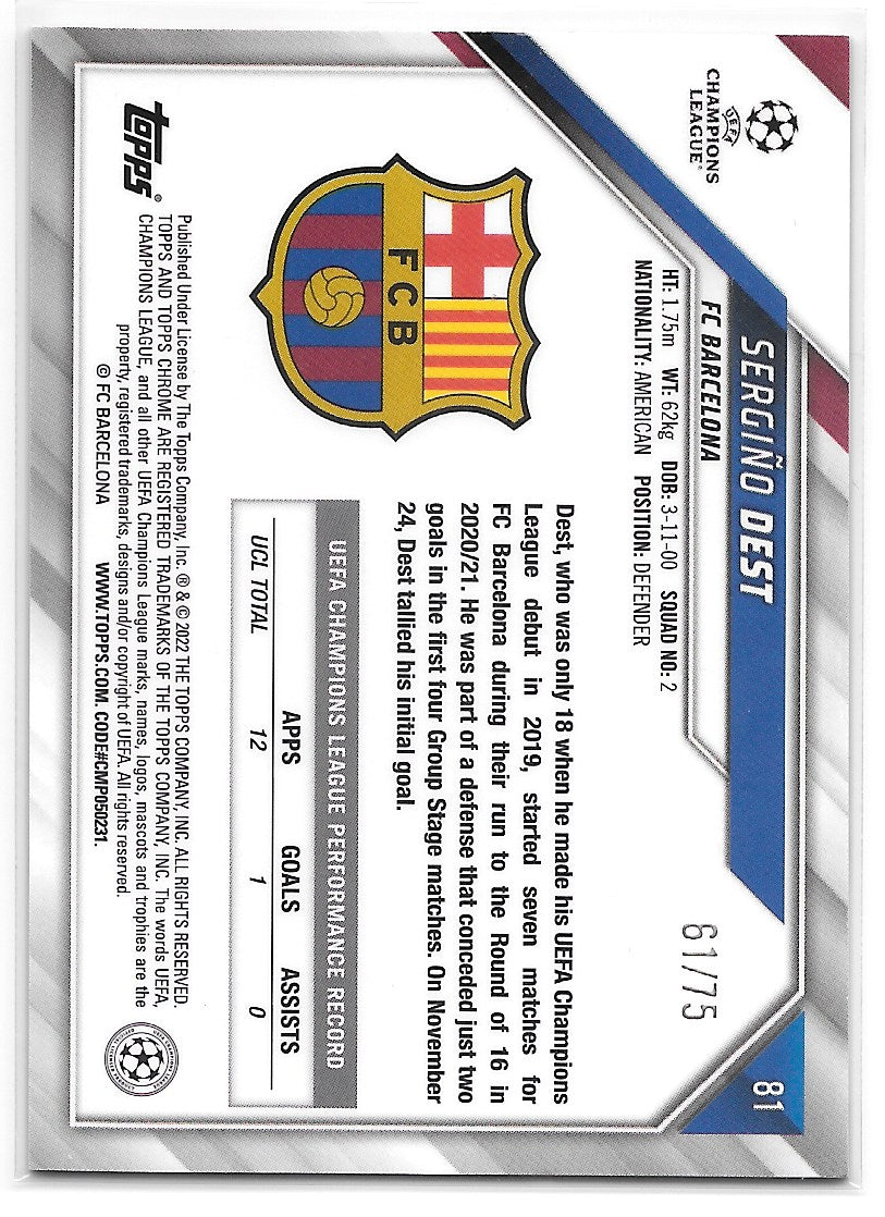 Sergiño Dest (FC Barcelona) Blue & Gold Starball /75 Topps Chrome UCL 21-22