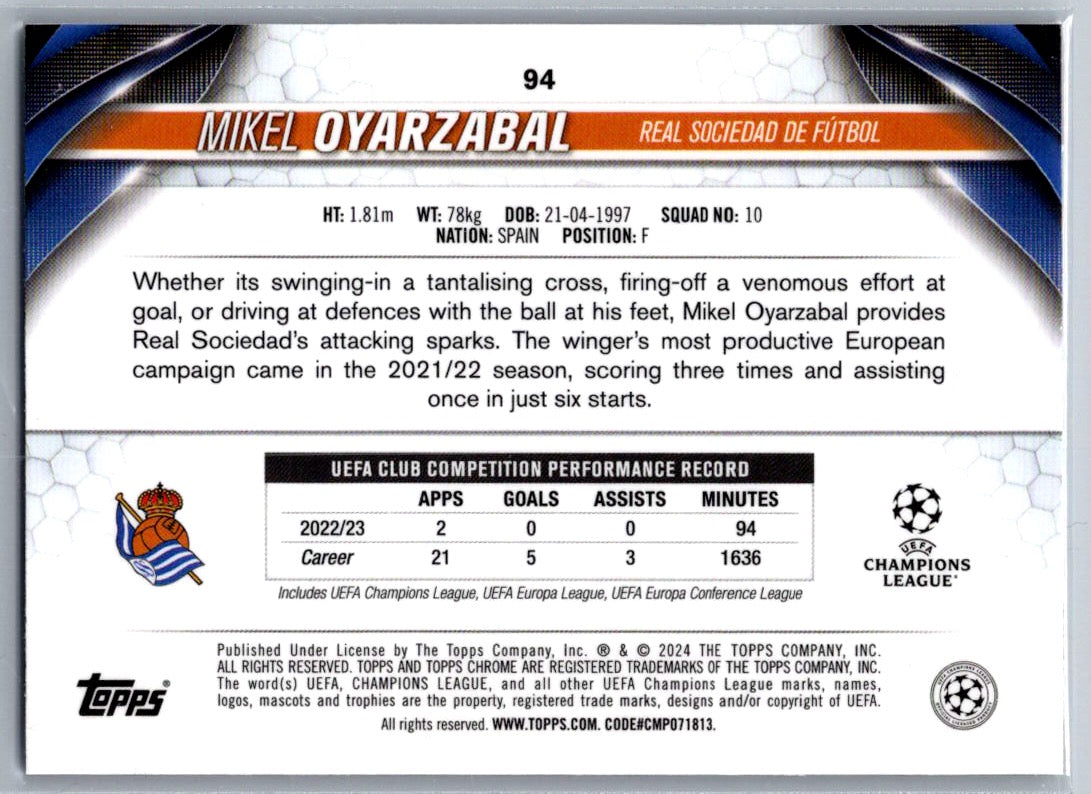 Mikel Oyarzabal (Real Sociedad) Violet Speckle Refractor /299 Topps Chrome UCC 23-24