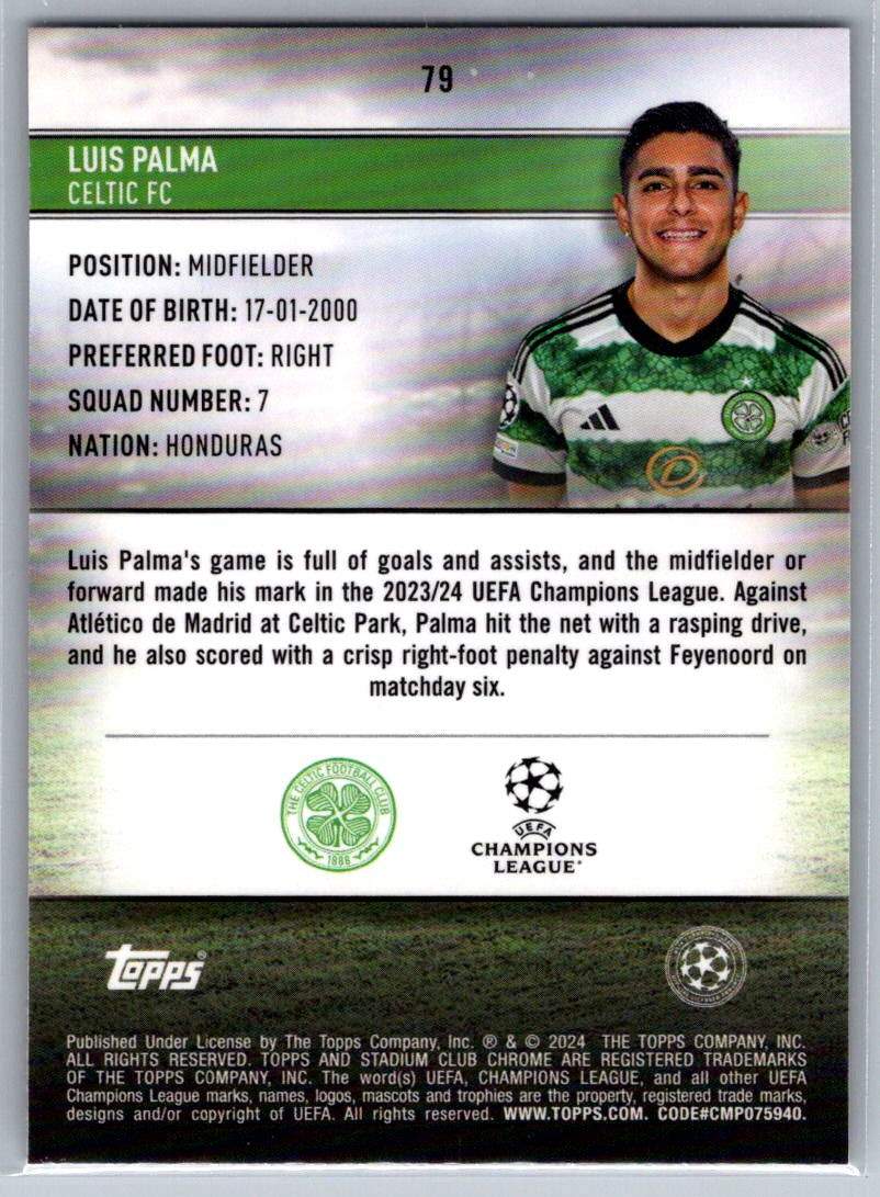 Luis Palma (Celtic FC) Pink/Red Electric Charge RC Topps Stadium Club Chrome UCL 23-24