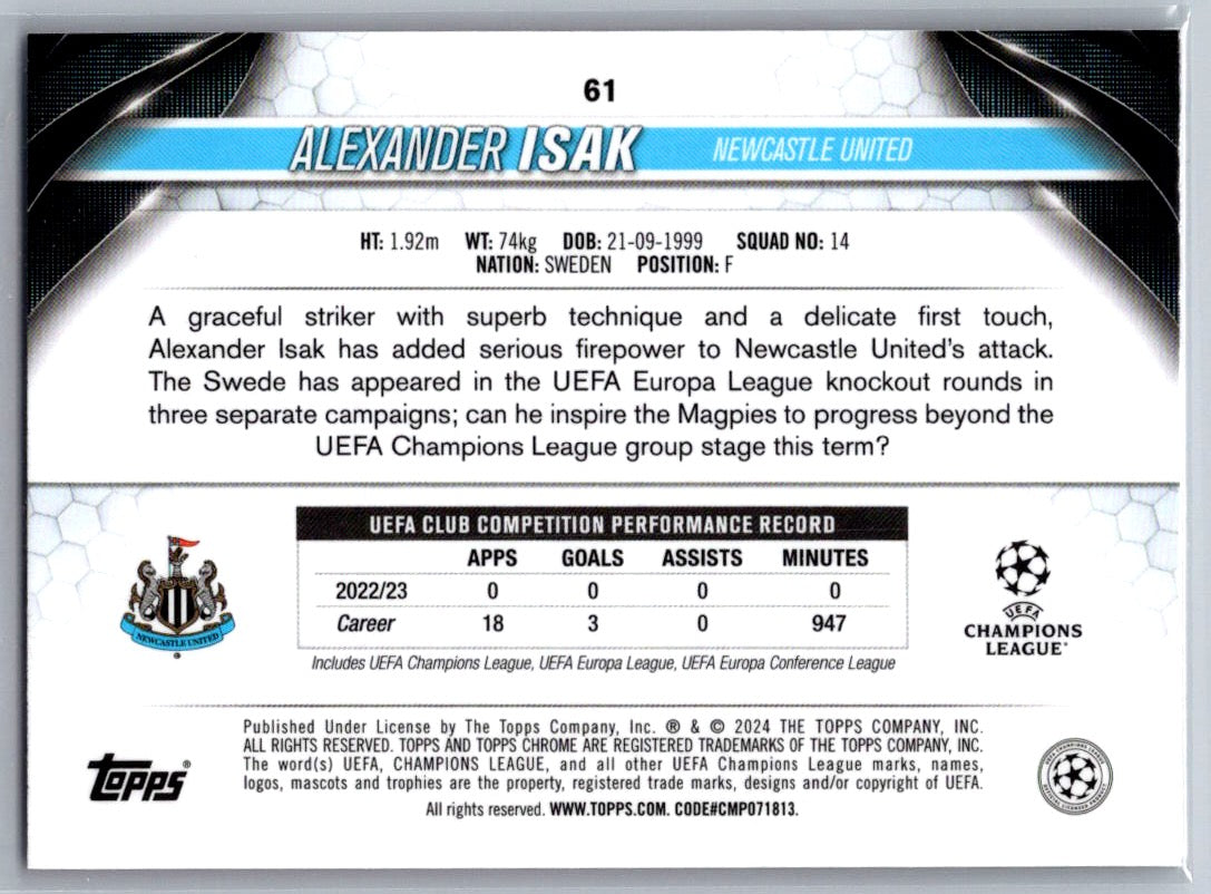 Alexander Isak (Newcastle United) Pink Lava Topps Chrome UCC 23-24