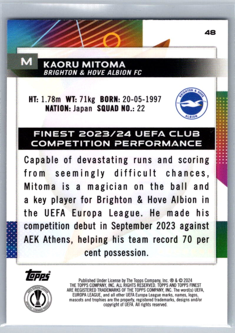Kaoru Mitoma (Brighton & Hove Albion) Sky Blue Refractor /275 Topps Finest UCC 23-24