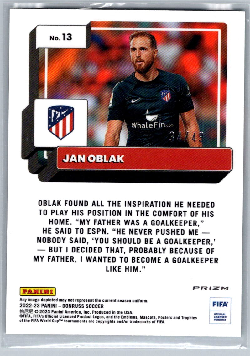 Jan Oblak (Atletico de Madrid) Optic Teal Mojo /49 Panini Donruss FIFA Soccer 22-23