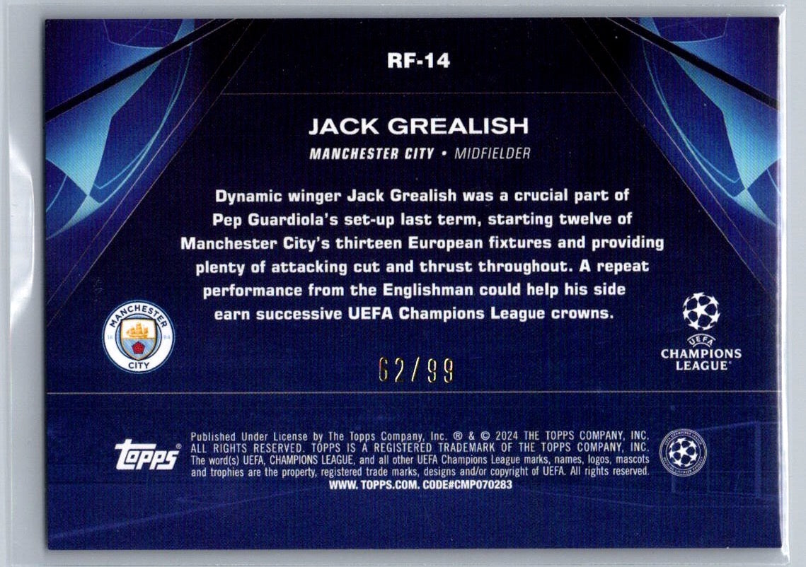 Jack Grealish (Manchester City) Road to the Final Icy Blue /99 Topps UCC Flagship 23-24