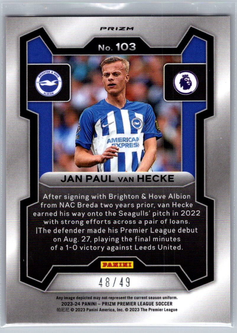 Jan Paul van Hecke (Brighton & Hove Albion) Red Lazer /49 RC Panini Prizm Premier League 23-24