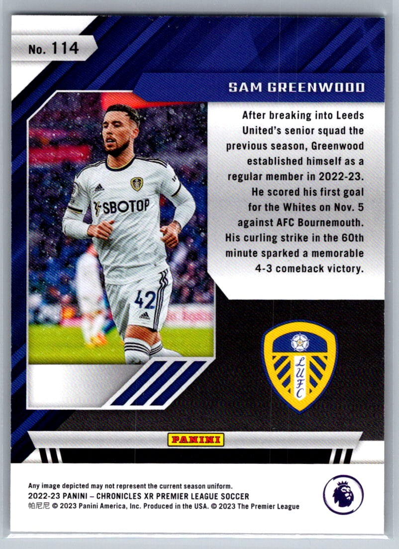 Sam Greenwood (Leeds United) Red /99 RC Panini Chronicles XR Premier League 22-23