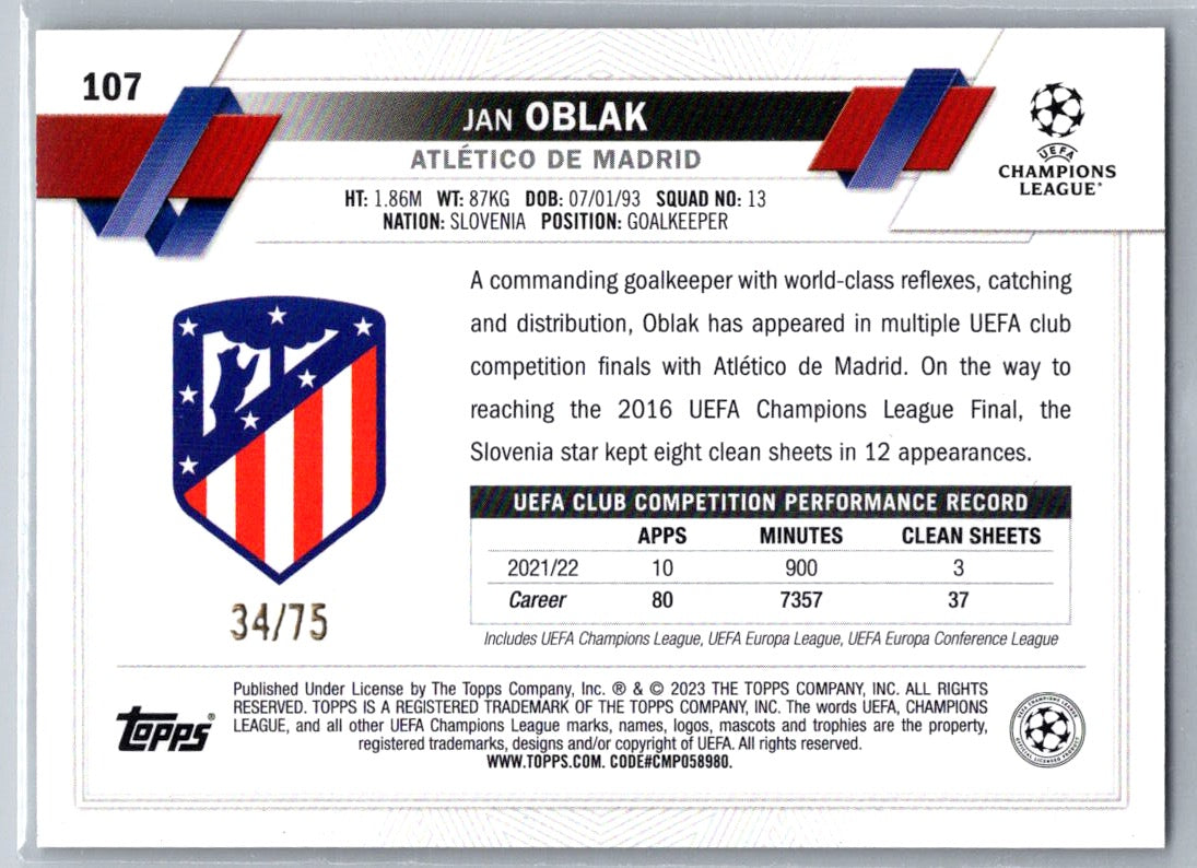 Jan Oblak (Atletico de Madrid) Green /75 Topps Carnaval UCC 22-23