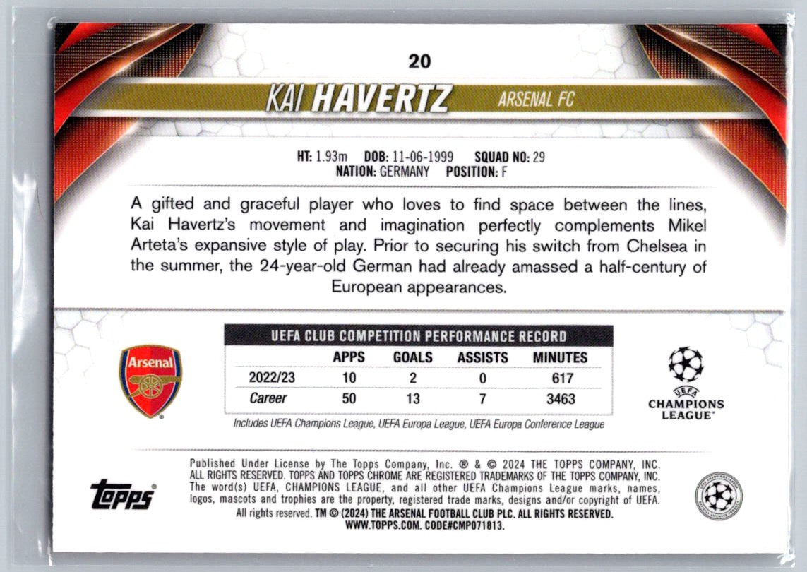 Kai Havertz (Arsenal) Pink Geometric Refractor /250 Topps Chrome UCC 23-24