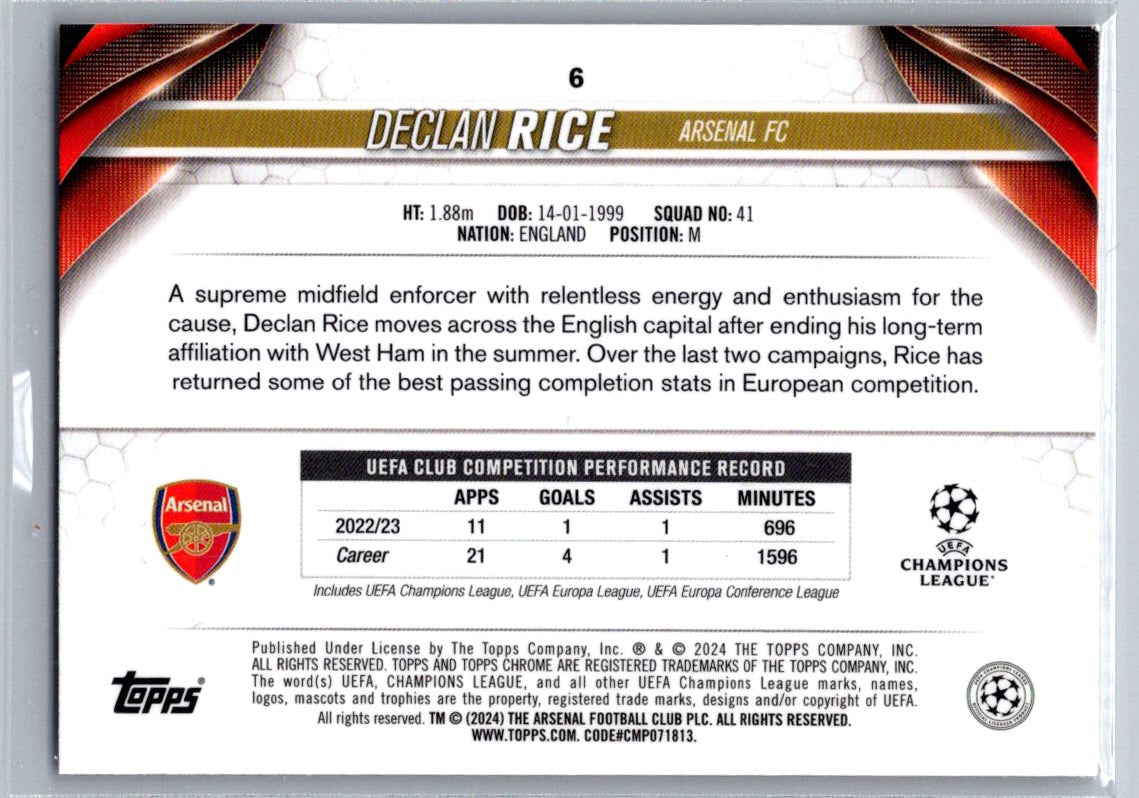 Declan Rice (Arsenal) Purple RayWave Refractor /175 Topps Chrome UCC 2023-24
