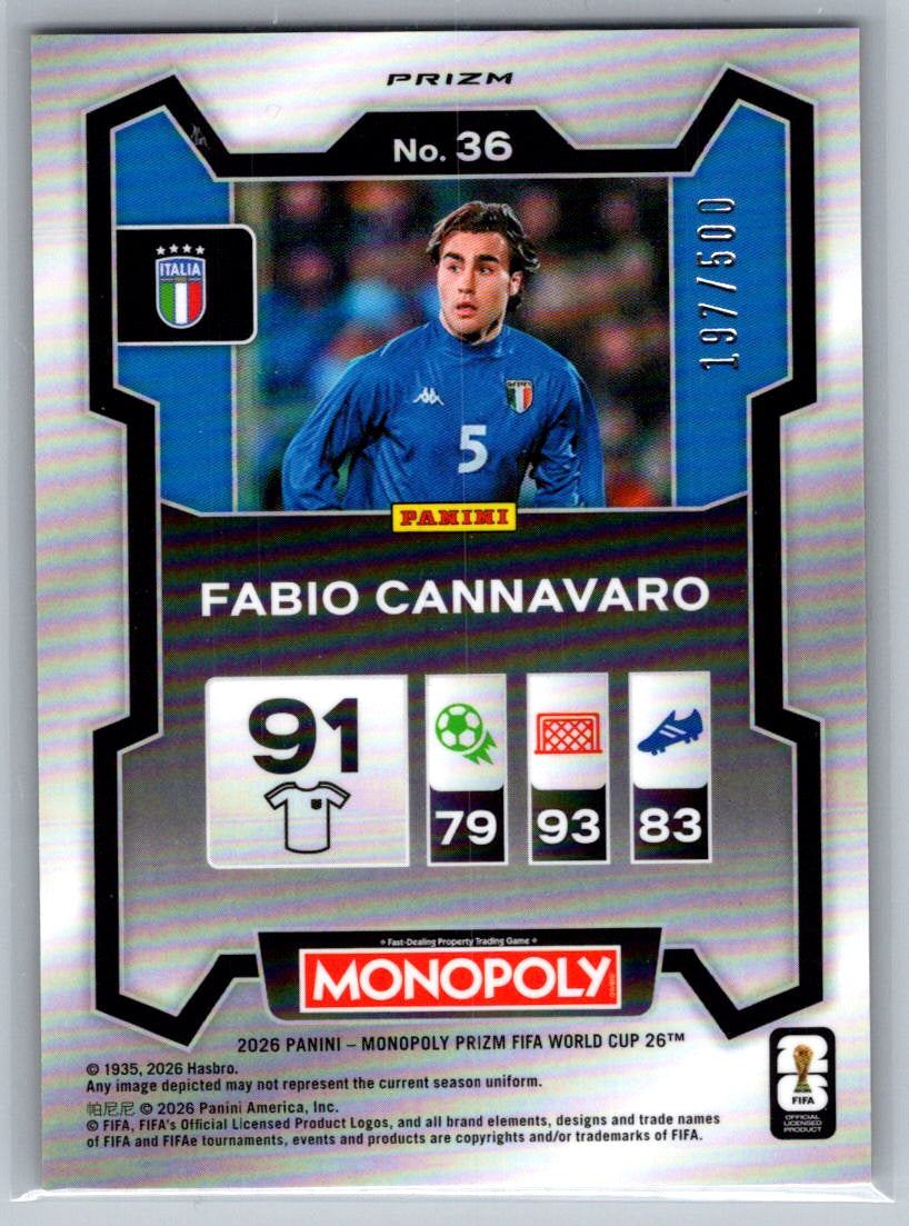 Fabio Cannavaro (Italy) Gold Big Money Shimmer /500 Panini Prizm Monopoly World Cup 2026