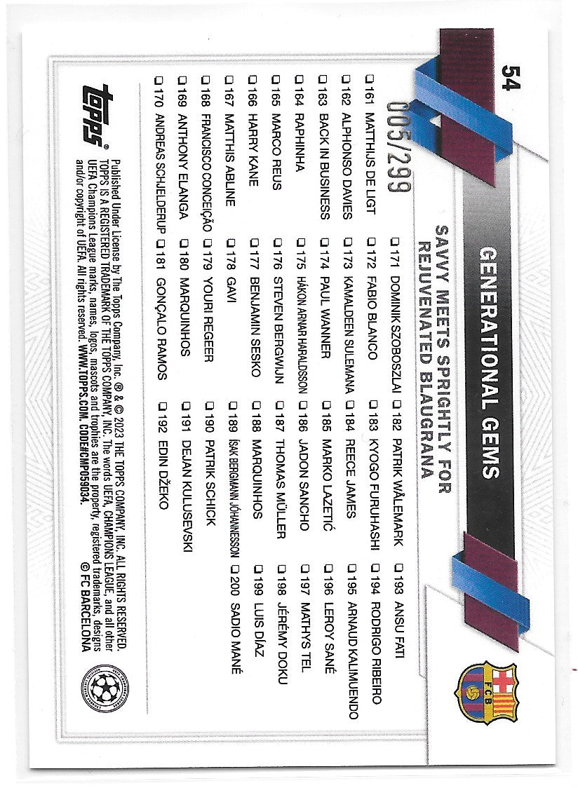 Generational Gems Gavi & Lewandowski (FC Barcelona) Yellow Foil /299 Topps UCC Flagship 22-23