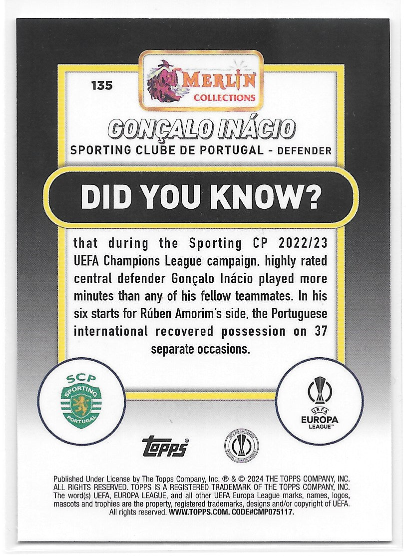 Gonçalo Inacio (Sporting Clube de Portugal) Aqua Prism Refractor Topps Merlin UCC 23-24