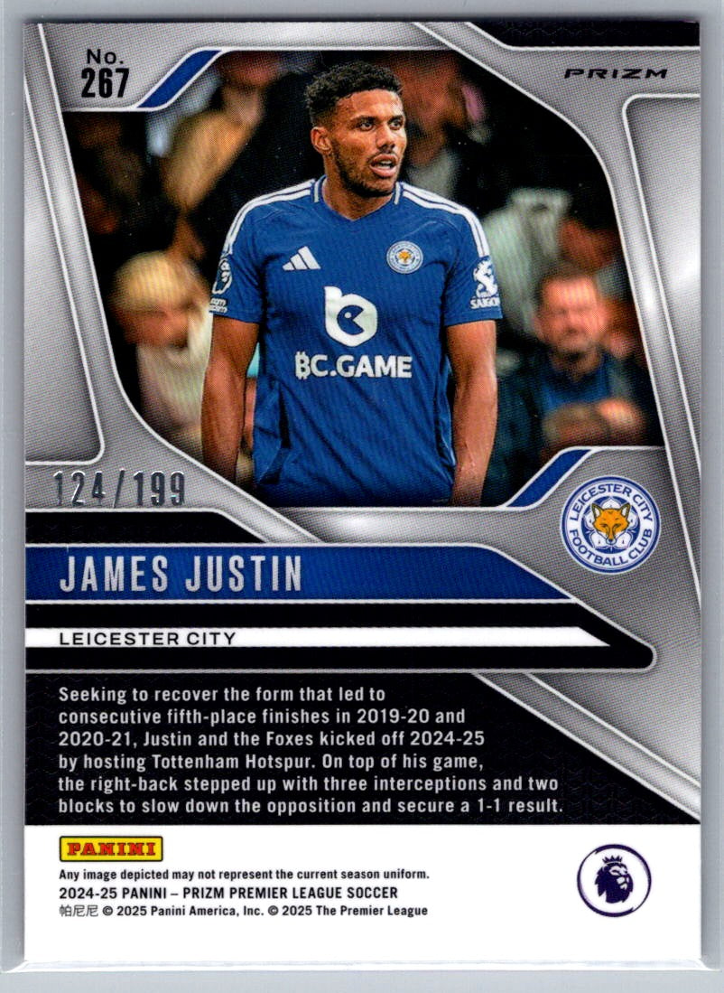 James Justin (Leicester City) Red Prizm /199 Panini Prizm Premier League 24-25