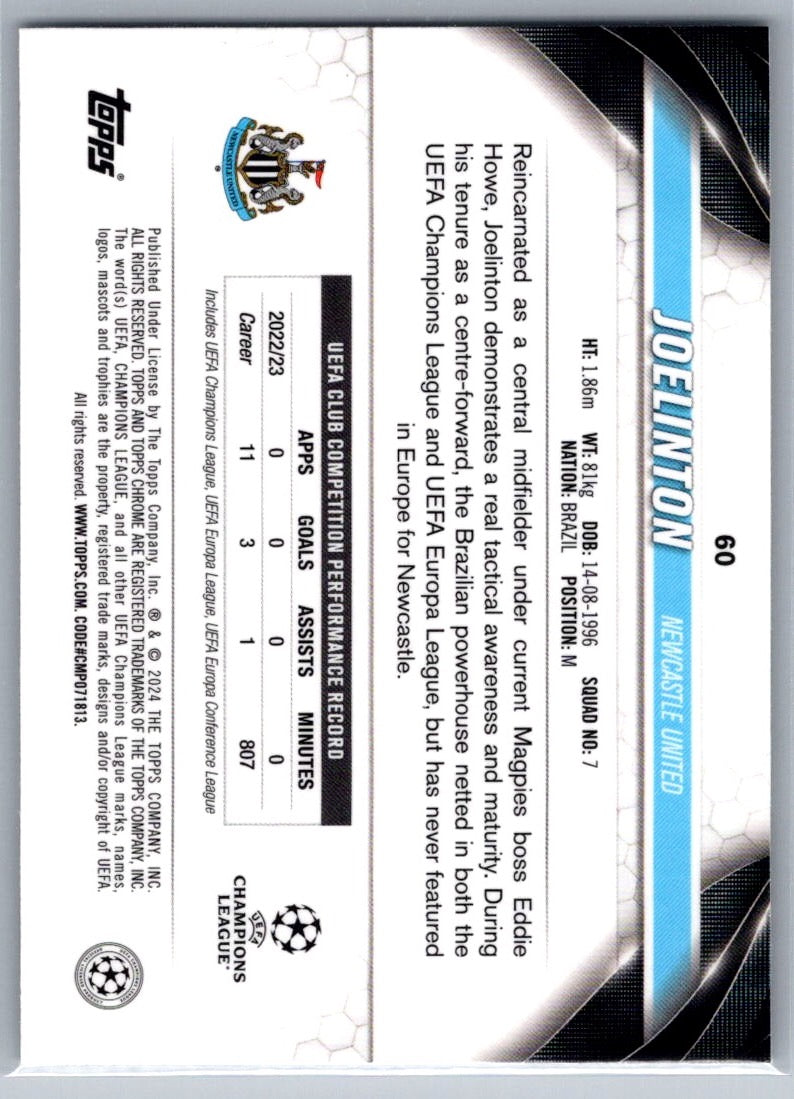 Joelinton (Newcastle United) Night Vision Ray Wave /225 Topps Chrome UCC 23-24