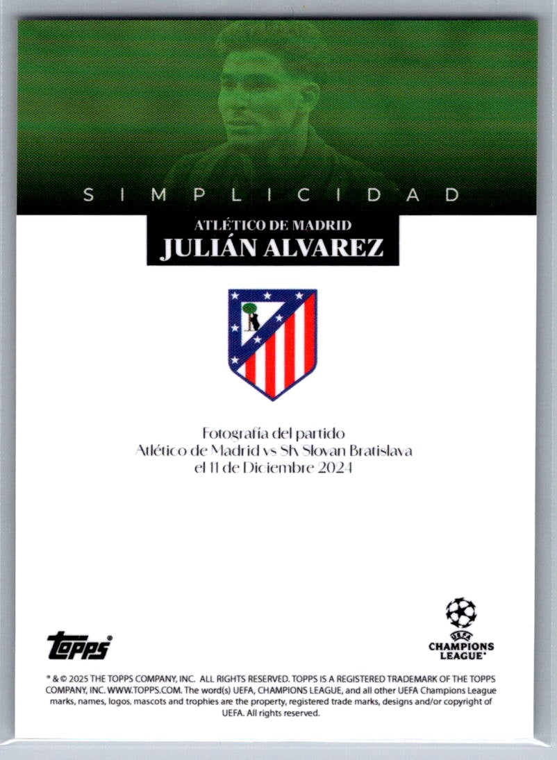 Julian Alvarez (Atletico de Madrid) Green /99 Topps Simplicidad UCC 24-25