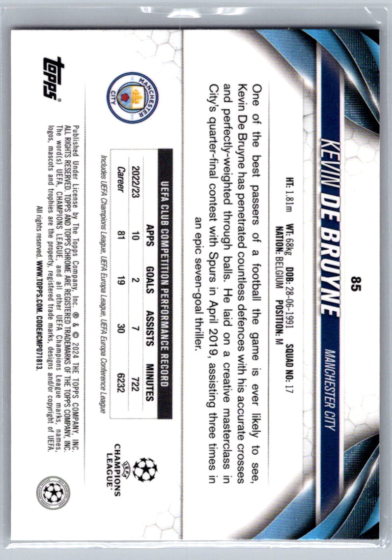 Kevin De Bruyne (Manchester City) Pink Geometric Refractor /250 Topps Chrome UCC 23-24