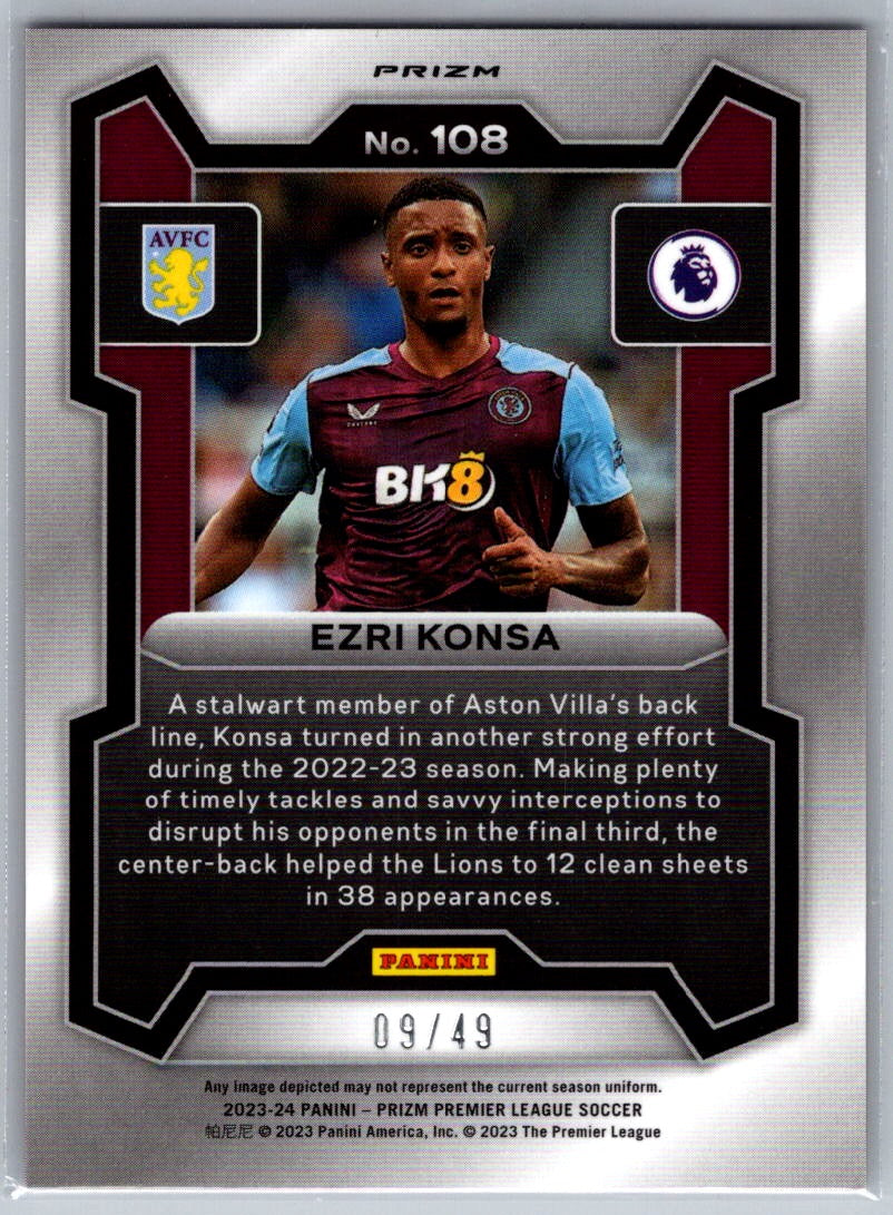 Ezri Konsa (Aston Villa) Red Lazer Prizm /49 Panini Prizm Premier League 23-24