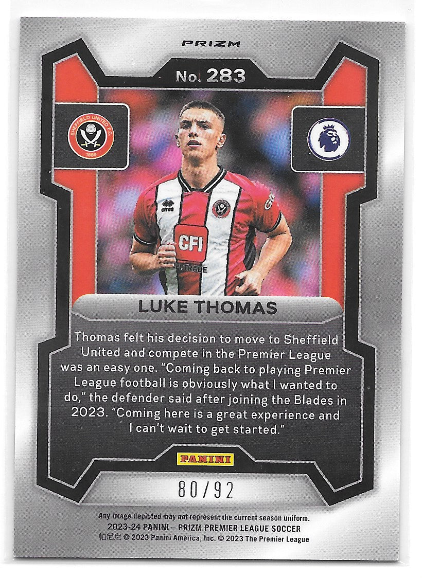 Luke Thomas (Sheffield United) Purple & White Stripes Prizm /92 Panini Prizm Premier League 23-24