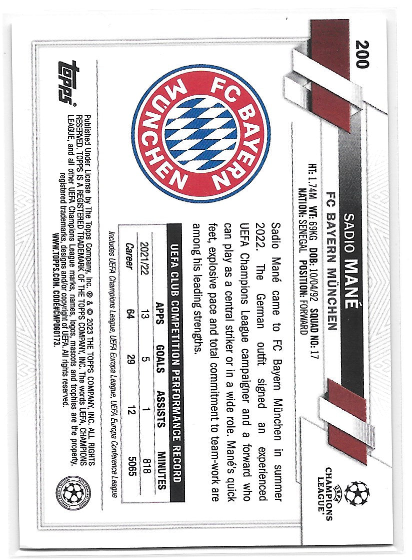 Sadio Mane (FC Bayern Munchen) Black & White Ray Wave Topps Chrome UCC 22-23