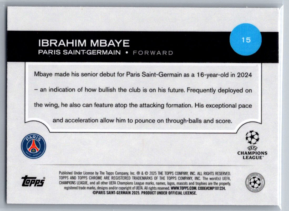 Ibrahim Mbaye (PSG) Magenta Shimmer RC Topps Chrome UCC 24-25