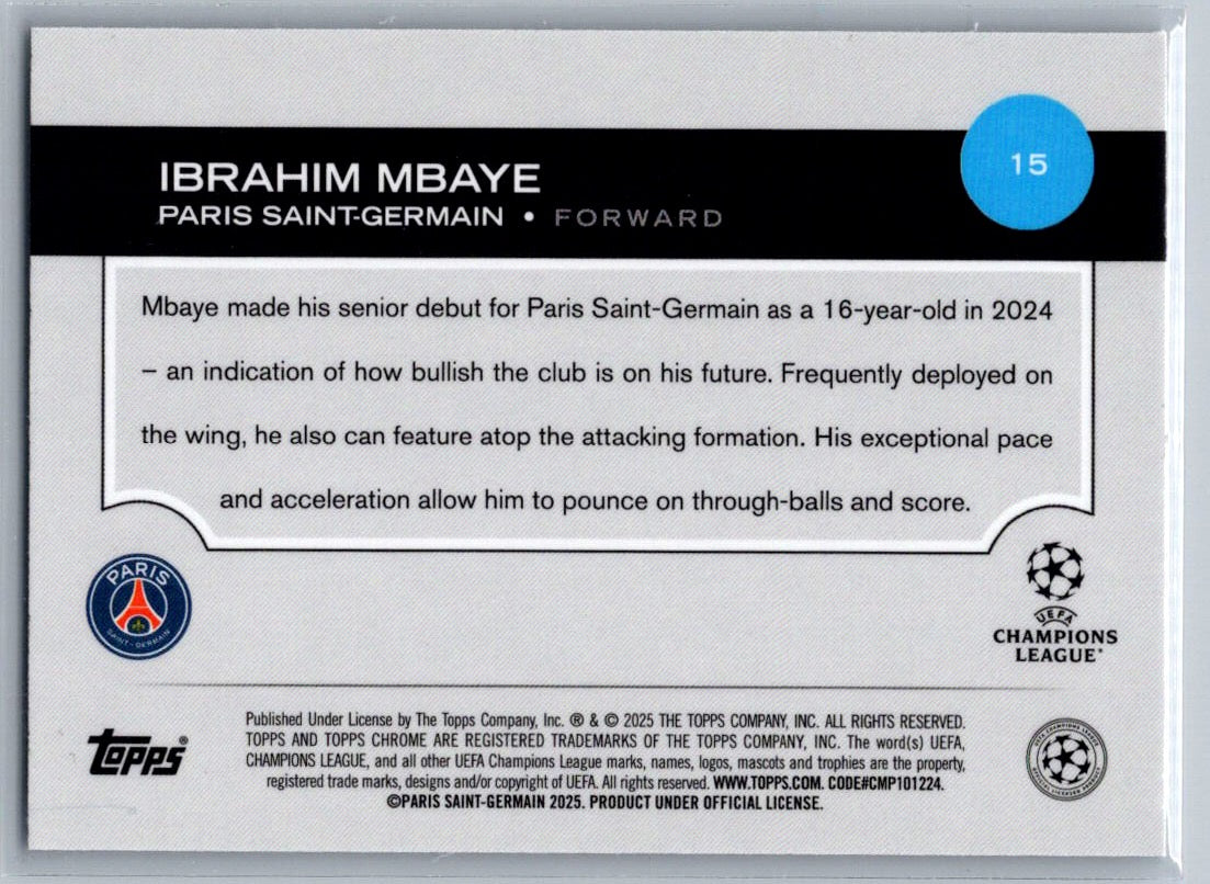 Ibrahim Mbaye (PSG) Wave Refractor RC Topps Chrome UCC 24-25