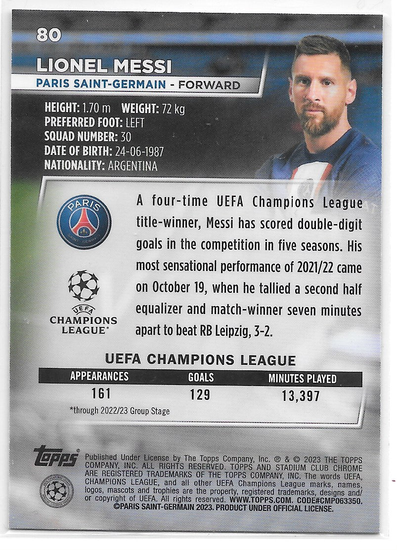 Lionel Messi (PSG) Blue Prism Refractor Topps Stadium Club Chrome 22-23