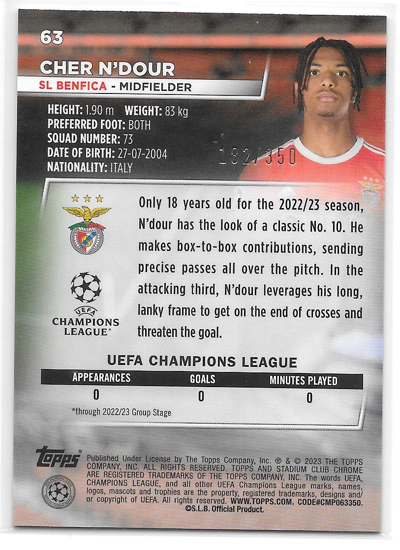 Cher N’Dour (Benfica) Black & White Prism Refractor /350 RC Topps Stadium Club Chrome UCC 22-23