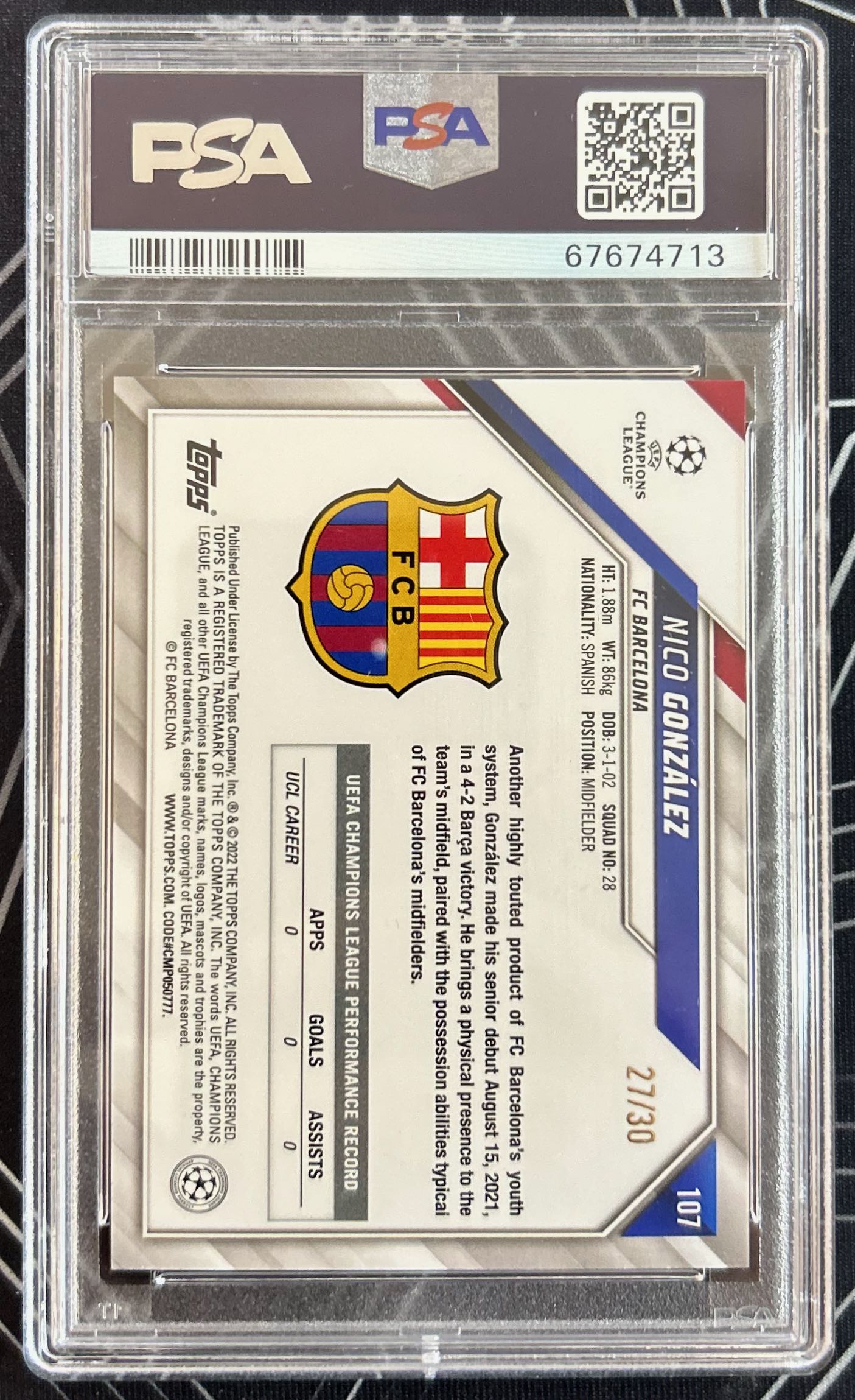 Nico Gonzalez (FC Barcelona) Blue Foil /30 RC Topps UCL 1st Edition 21-22 PSA 10 Pop 3