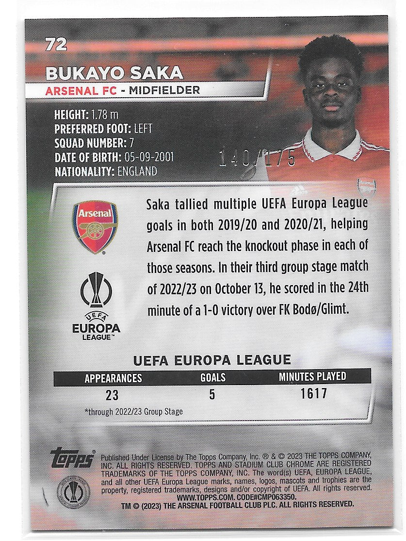 Bukayo Saka (Arsenal FC) Neon Green X-Factor /175 Topps Stadium Club Chrome 22-23