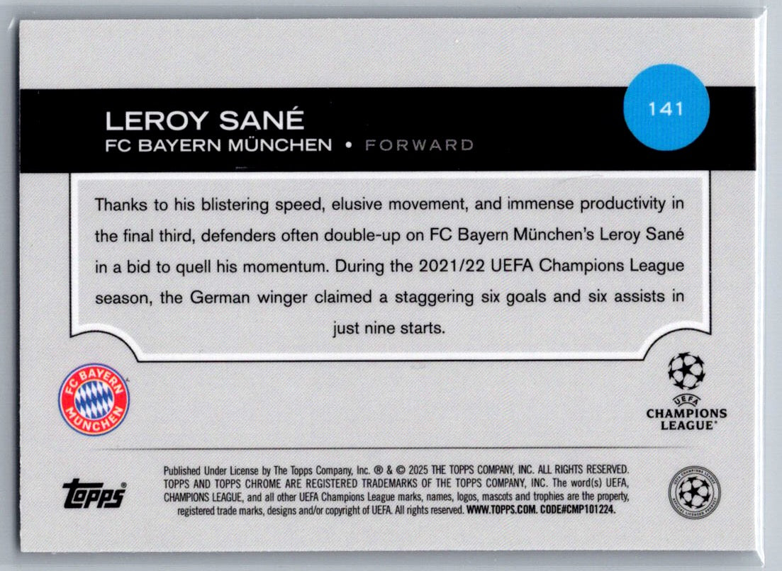 Leroy Sane (FC Bayern Munchen) Magenta Shimmer Topps Chrome UCC 24-25