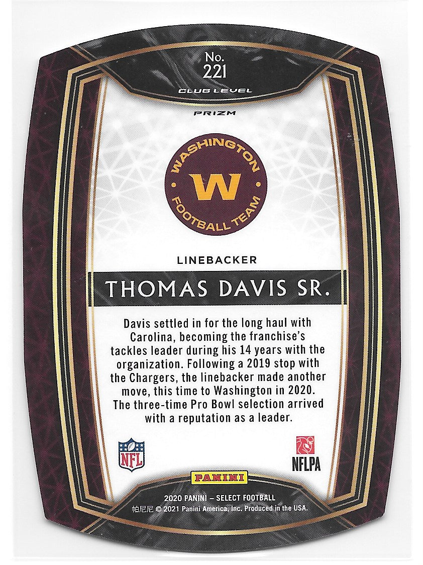 Thomas Davis Sr (Washington Commanders) Club Level Die Cut Orange Panini Select Football 2020