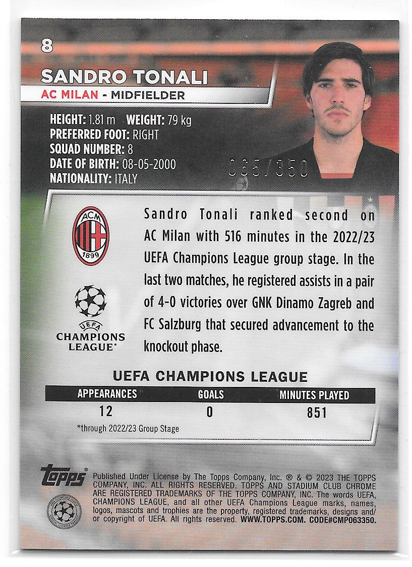 Sandro Tonali (AC Milan) Black & White Prism Refractor /350 Topps Stadium Club Chrome 22-23