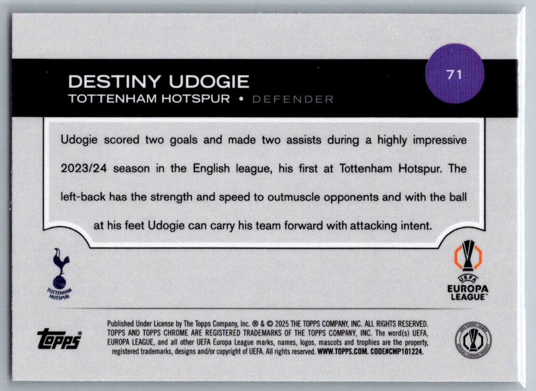Destiny Udogie (Tottenham Hotspur) Wave Refractor Topps Chrome UCC 24-25