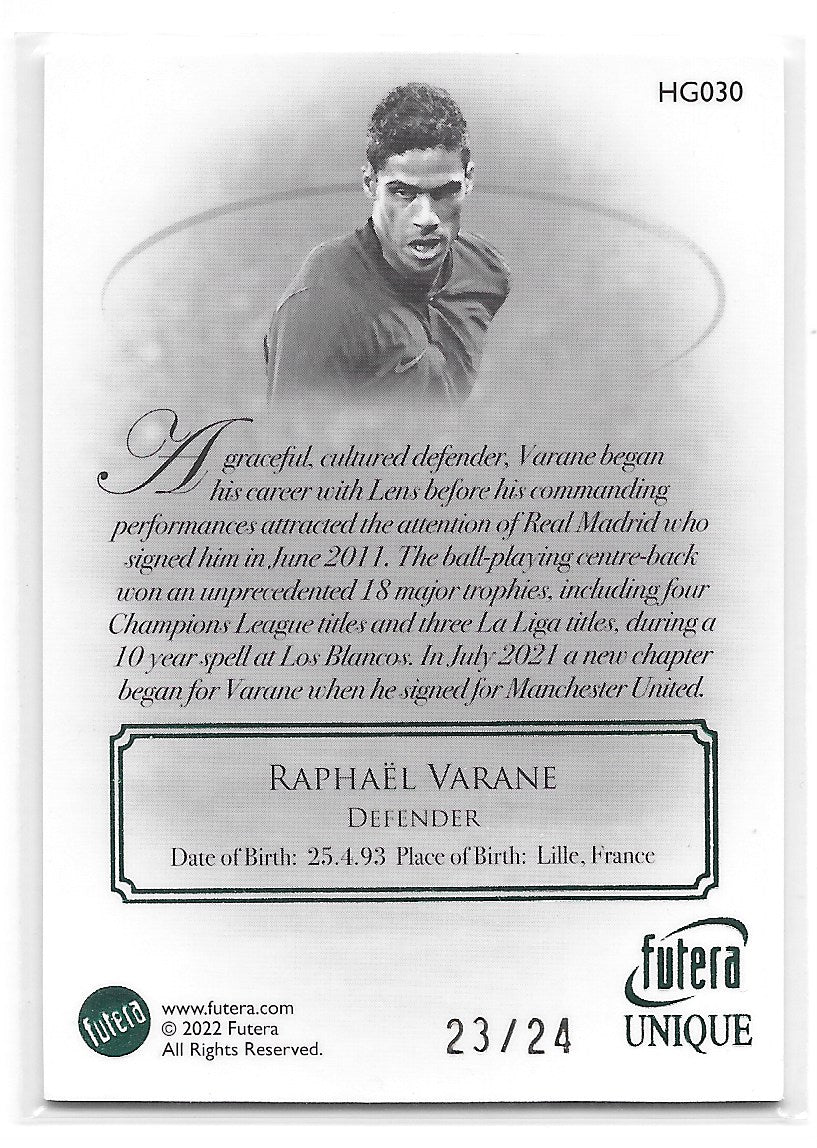 Raphael Varane (France) Heritage Emerald /24 Futera Unique World Football 22-23