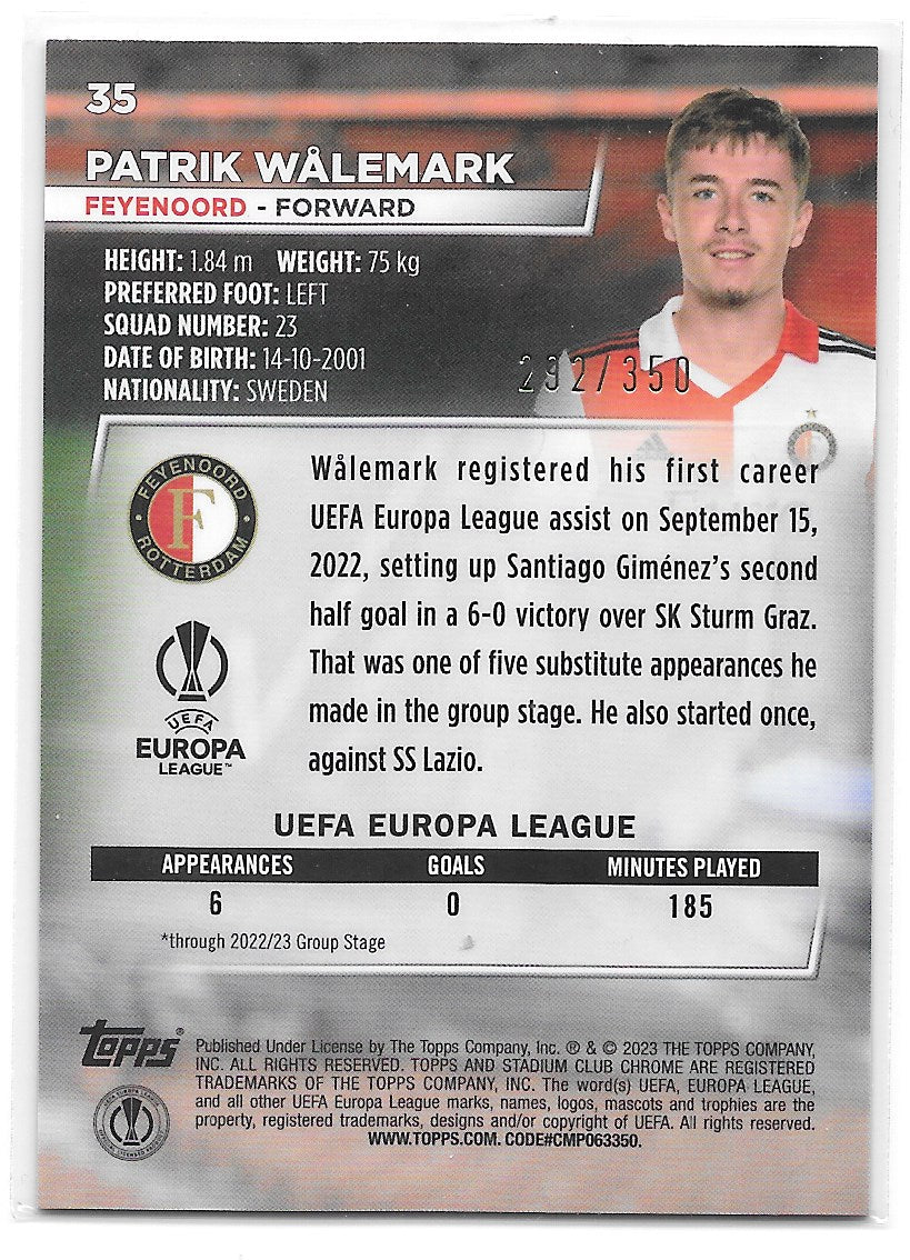 Patrik Walemark (Feyenoord) Black & White Prism Refractor /350 RC Topps Stadium Club Chrome UCC 22-23