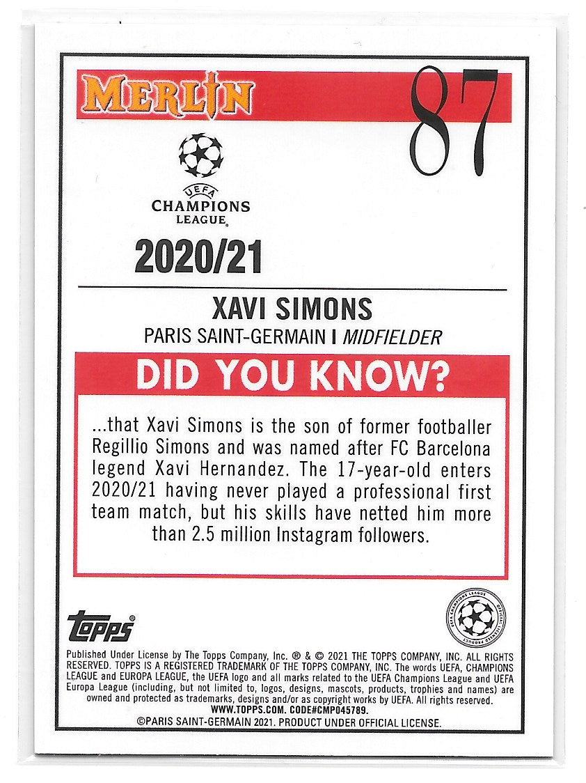 Xavi Simons (PSG) Aqua Prism Refractor RC Topps Merlin Chromre 20-21