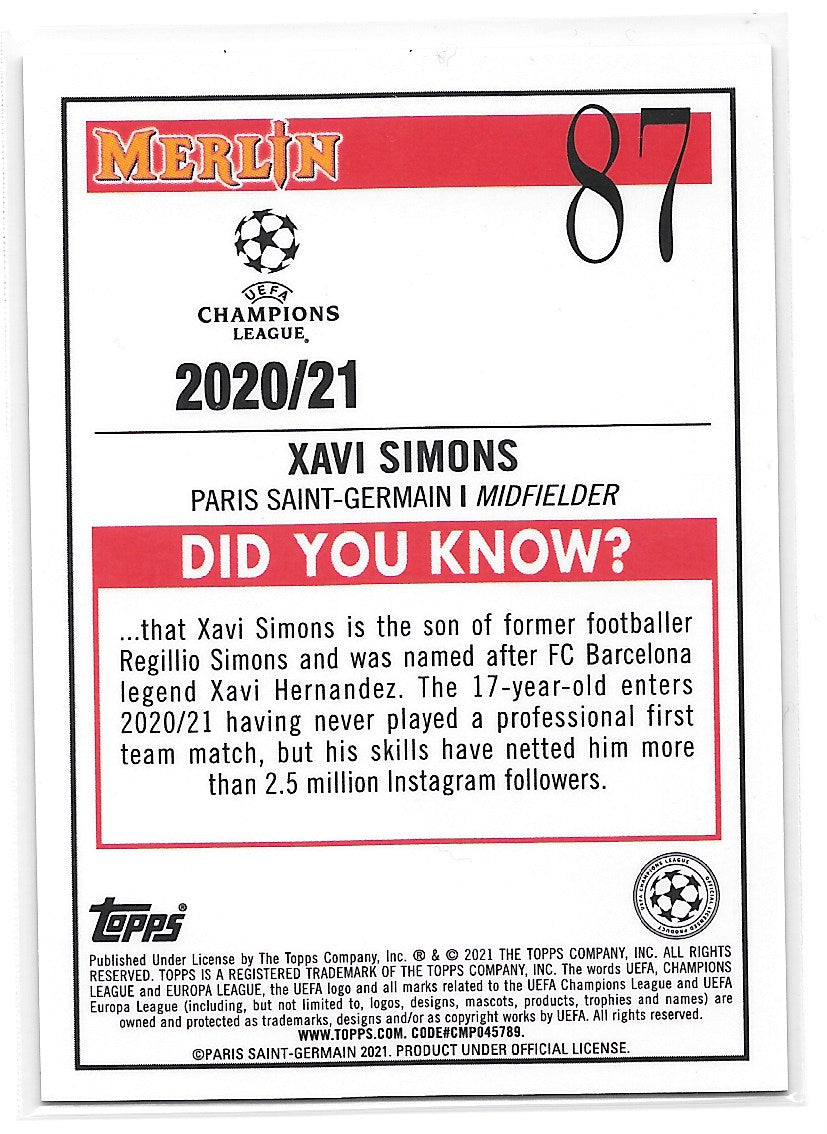 Xavi Simons (PSG) Rookie Card Topps Merlin Chrome 20-21