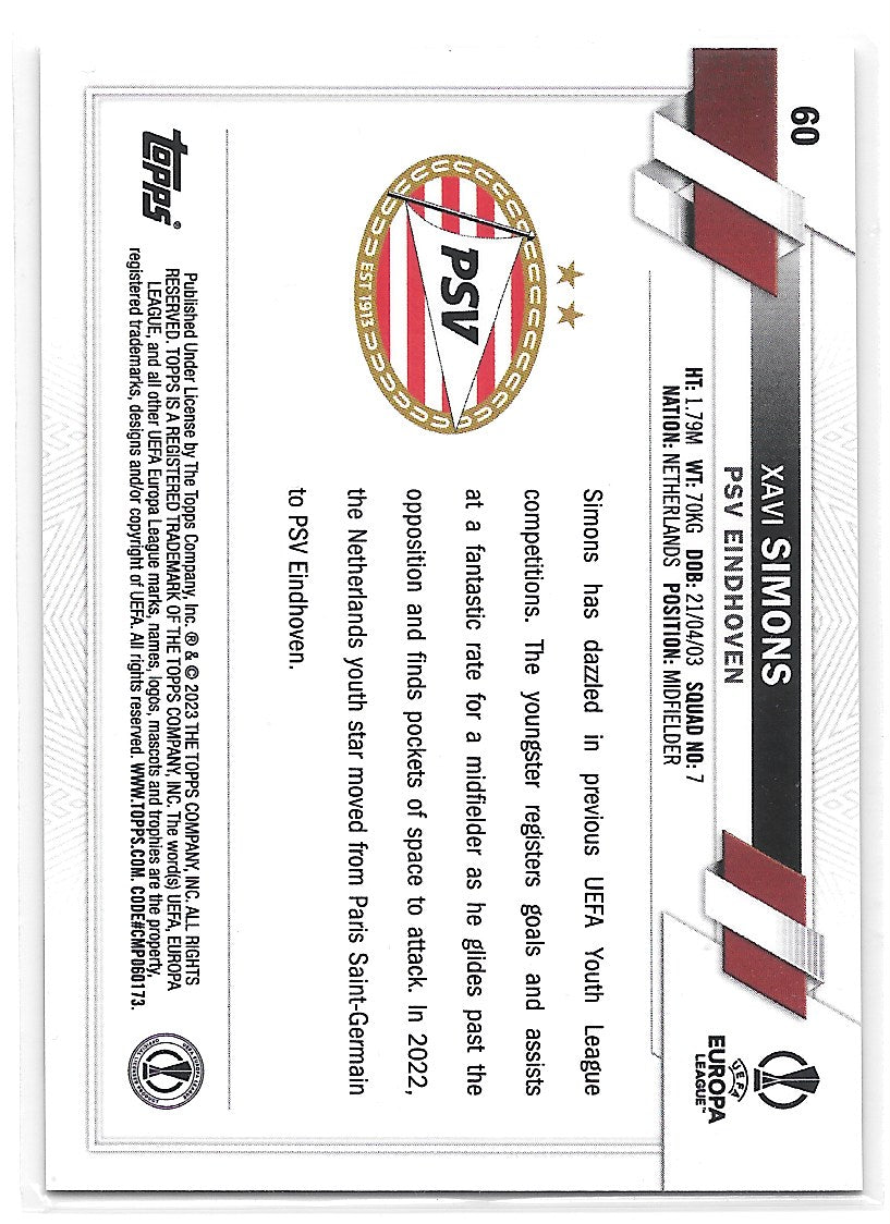 Xavi Simons (PSV Eindhoven) Black & White Ray Wave Topps Chrome UEFA Club Competitions 22-23