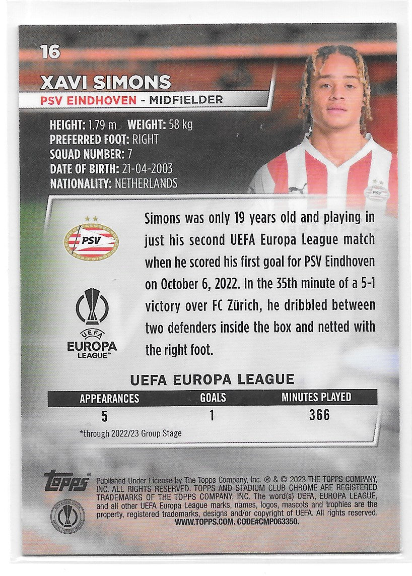 Xavi Simons (PSV Eindhoven) Blue Prism Refractor Topps Stadium Club Chrome 22-23