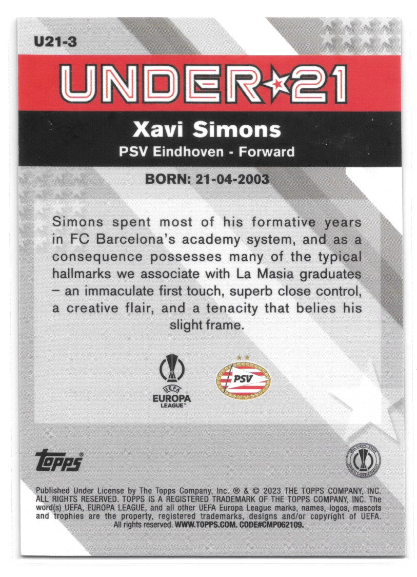 Xavi Simons (PSV Eindhoven) Under 21 Stars Topps Merlin Chrome UCC 22-23