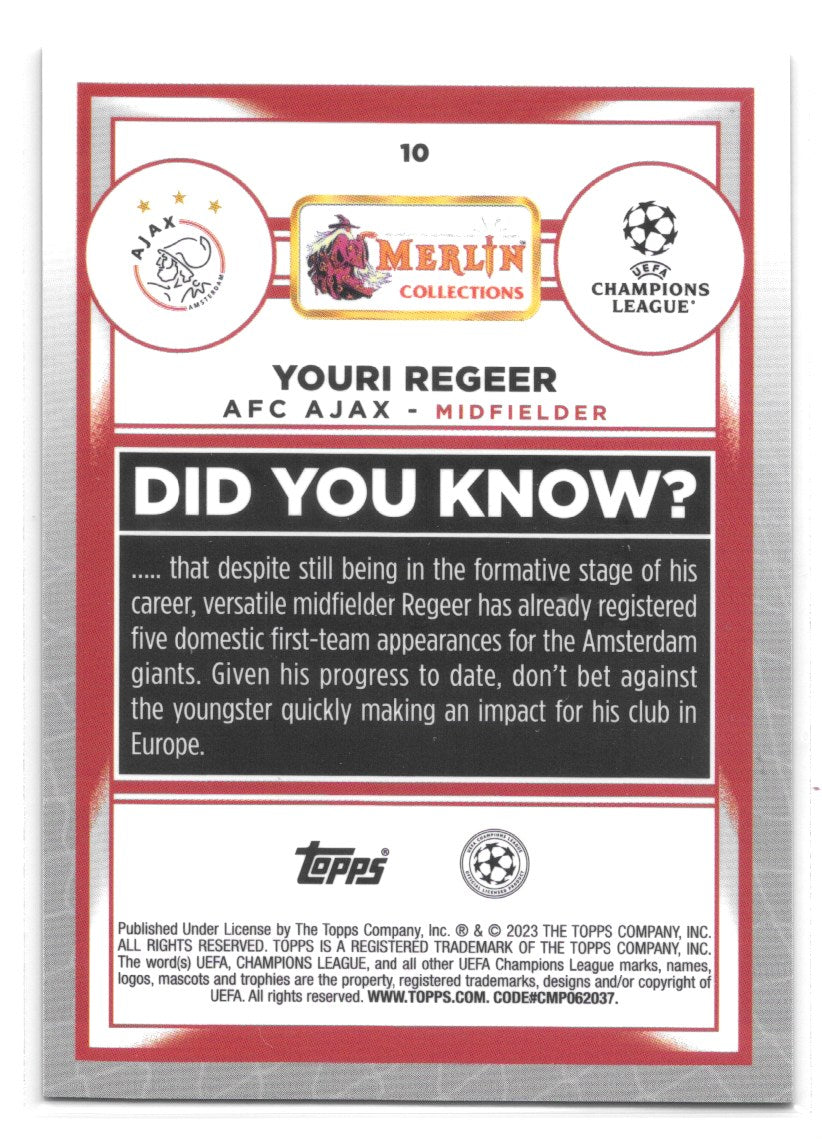Youri Regeer (AFC Ajax) Aqua Prism Refractor RC Topps Merlin Chrome UCC 22-23
