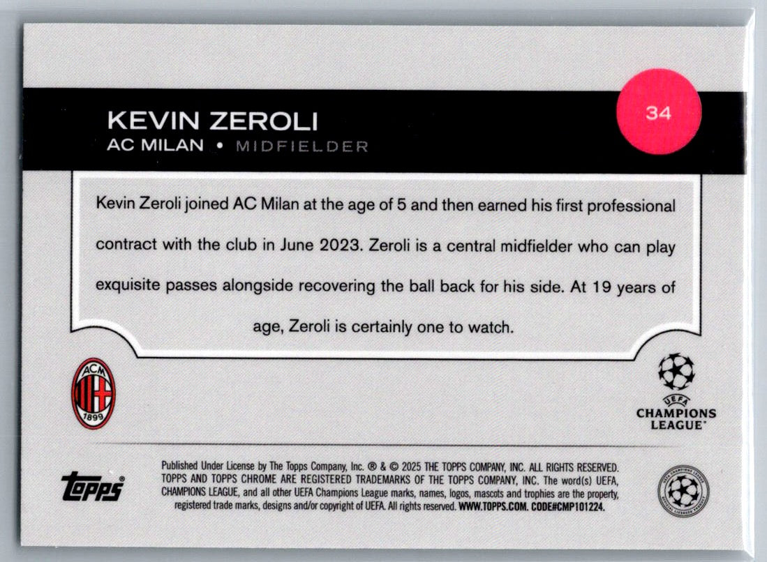 Kevin Zeroli (AC Milan) Green Prism Refractor /99 RC Topps Chrome UCC 24-25