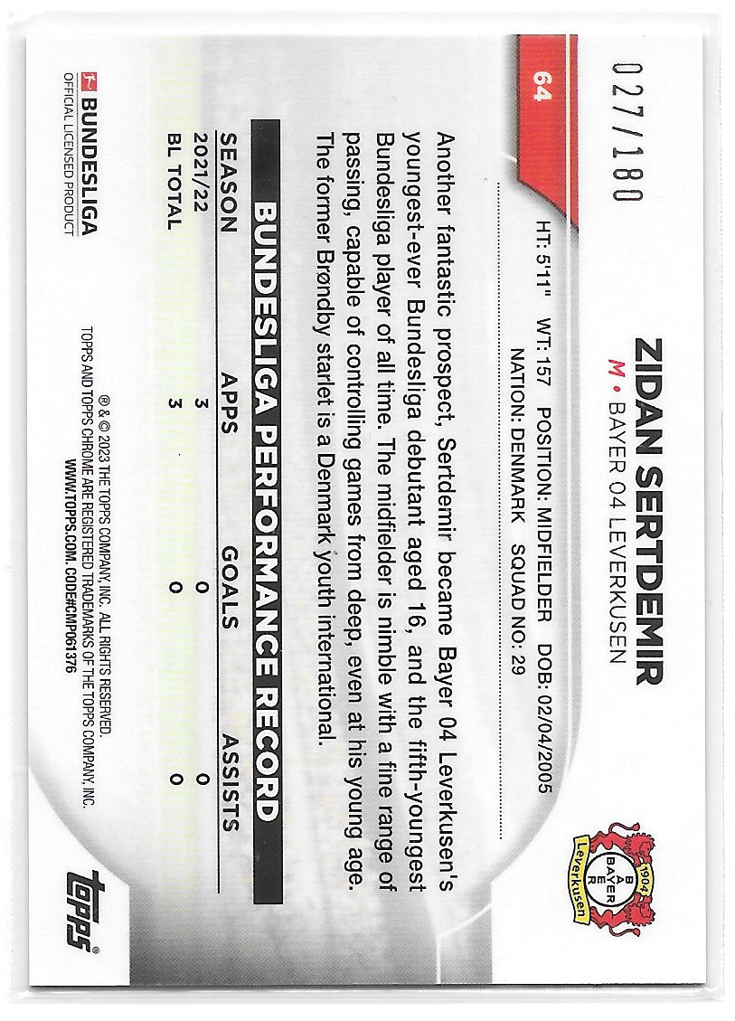 Zidan Sertdemir (Bayer Leverkusen) Blue Refractor /180 Topps Chrome Bundesliga 22-23