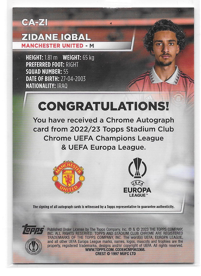 Zidane Iqbal (Manchester United) Chrome Autograph Topps Stadium Club Chrome 22-23