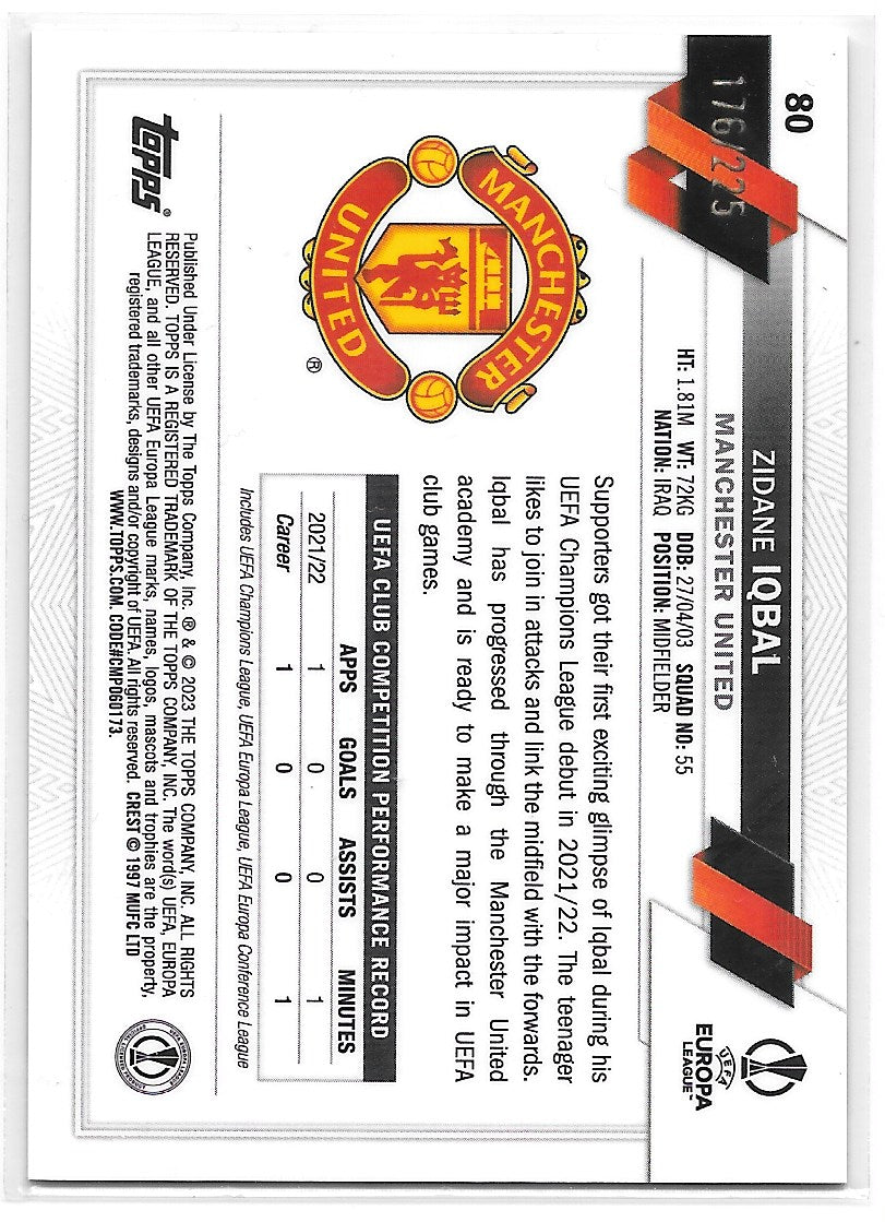 Zidane Iqbal (Manchester United) Night Vision Ray Wave /225 Topps Chrome UEFA Club Competitions 22-23